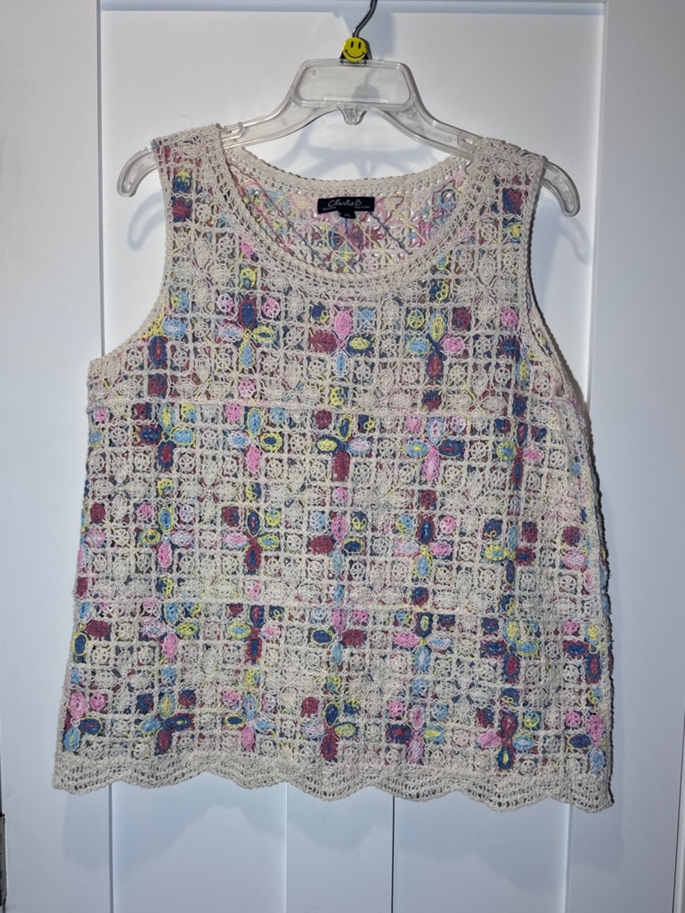 CHARLIE B Crochet Tank Top in Cream with Multicolor Accents Color PoP Summer